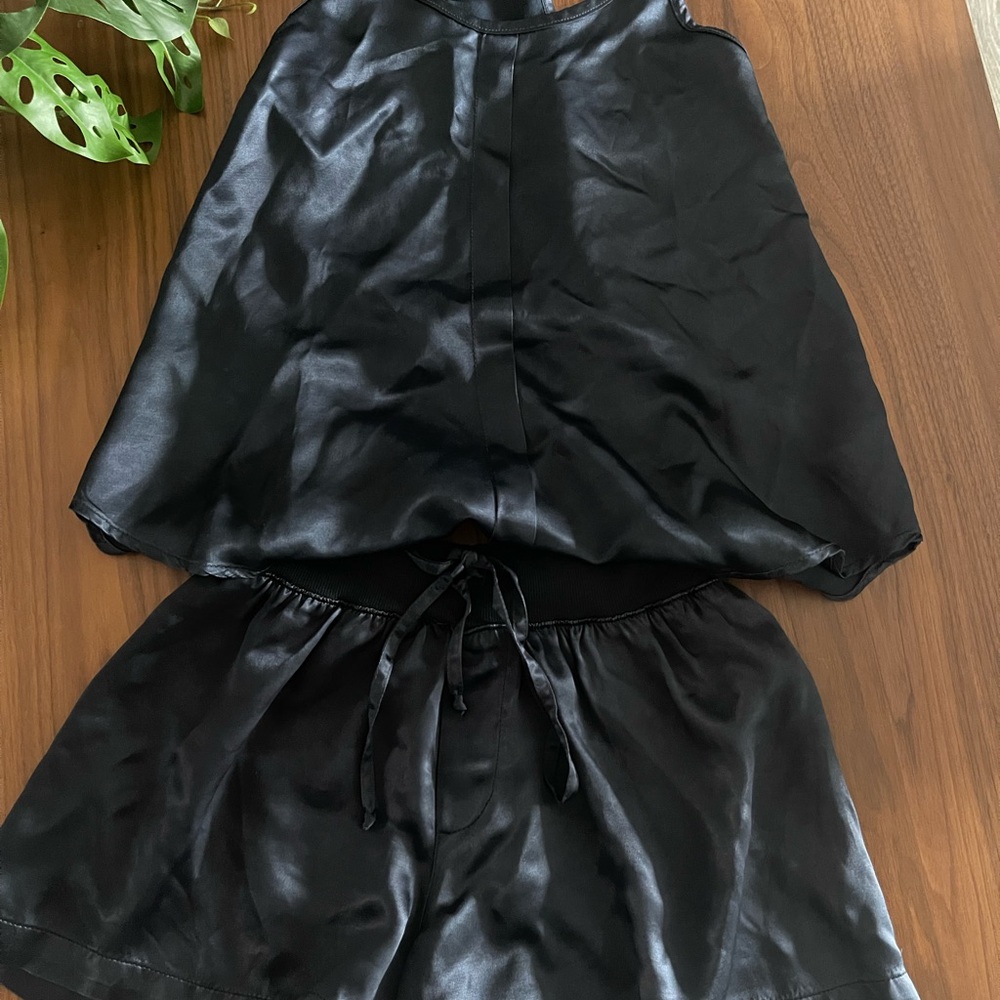 Dark Blue Satin Tank and Shorts Set